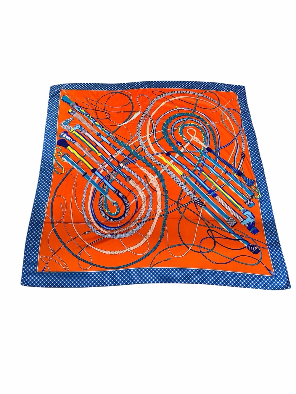 100% Silk Royal Rope Print Scarf Shawl Orange and Blue Motif Women’s 50X50